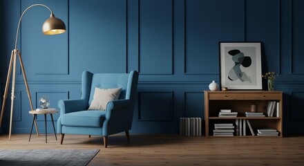 Living room interior with armchair and bookshelf