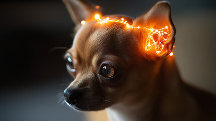Chihuahua with glowing neural link across head and transparent bio-enhanced ears 