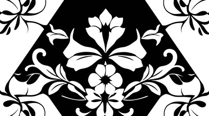 Black and white floral design with stylized flowers, leaves, and geometric shapes in a symmetrical pattern.