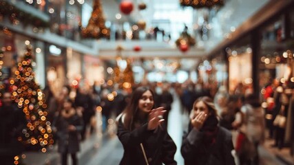 People walking while shopping in a festive mall during the Christmas season on blurred background 