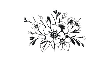 Elegant black and white floral arrangement, featuring stylized blossoms and leaves.