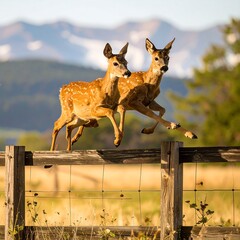 Two fawns leaping over a fence