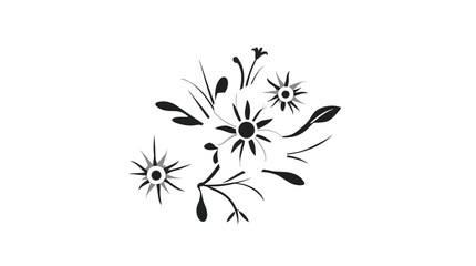 Black and white illustration of stylized flowers and leaves arranged in a cluster.
