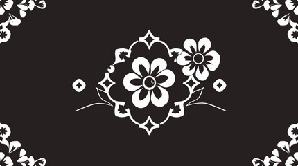 Elegant black and white floral design featuring stylized flowers and geometric patterns, creating a symmetrical and repeating motif.