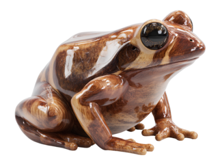Brown and white speckled ceramic frog figurine isolated on transparent background