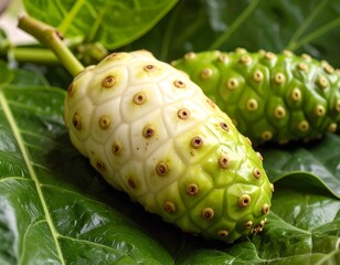 Two exotic fruits on green leaves