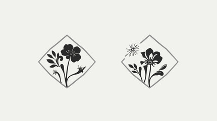 Elegant minimalist floral designs, showcasing two stylized flower illustrations within diamond frames.  One shows a closed bloom, the other an open bloom with seed dispersal.