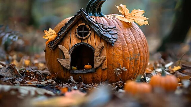 Whimsical miniature house carved large orange pumpkin sits with amidst fallen autumn leaves for blurred forest background cozy rustic magic fall Halloween Thanksgiving concept