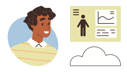 Smiling person beside data visualization with charts and cloud icon. Ideal for technology, analytics, education, teamwork, remote work, innovation, digital transformation. Simple flat metaphor