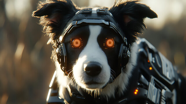 Border Collie with facial recognition lenses and sleek cybernetic harness running mid-frame 