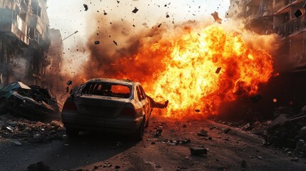Scenes of devastation show cars mangled and burned by bomb blasts and fierce fires during conflict.