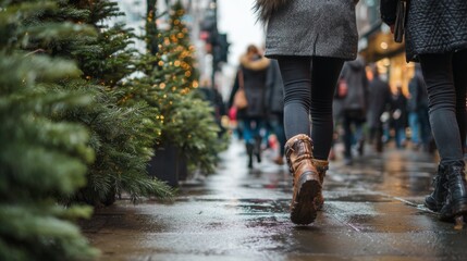 People walking on wet pavement during winter holiday season with Christmas trees 