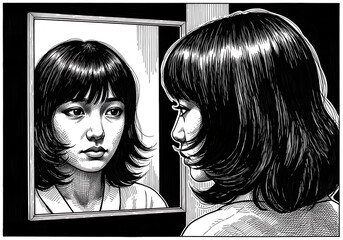 Pensive young woman gazing at her reflection in a mirror, contemplating her identity and future in a monochromatic, introspective scene.
