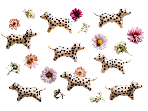 Collection of dalmatian dog figurines and assorted flowers isolated on transparent background