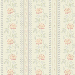 A seamless vintage floral pattern featuring stylized roses and leaves in soft pastel shades, arranged in a vertical stripe layout. This elegant design has a retro tapestry or wallpaper feel, perfect