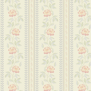 Fototapeta A seamless vintage floral pattern featuring stylized roses and leaves in soft pastel shades, arranged in a vertical stripe layout. This elegant design has a retro tapestry or wallpaper feel, perfect