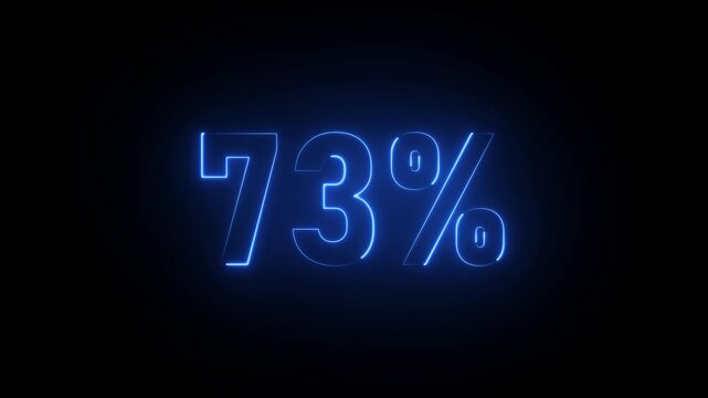 Blue neon 73 percent sign on black background seventy three percent