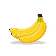 A bunch of three ripe yellow bananas with brown tips and green stems, casting a soft shadow on a white background.