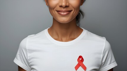 Closeup of red badge ribbon on woman chest to support AIDS Day. Healthcare, medicine and AIDS awareness concept.