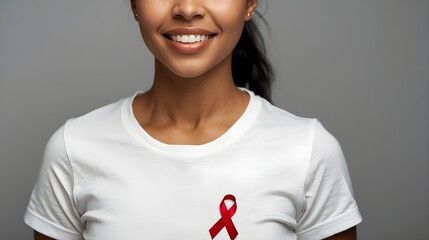 Closeup of red badge ribbon on woman chest to support AIDS Day. Healthcare, medicine and AIDS awareness concept.