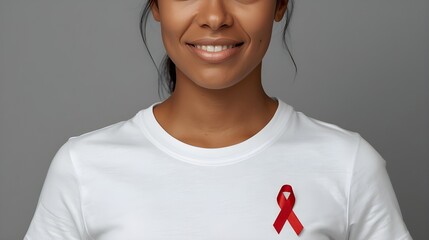 Closeup of red badge ribbon on woman chest to support AIDS Day. Healthcare, medicine and AIDS awareness concept.