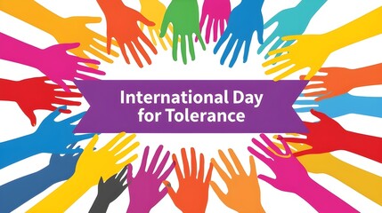 International Day of Tolerance. Rainbow hands up with a greeting ribbon . Commonwealth and unity. Childhood and joy. Vector square card for your creativity.