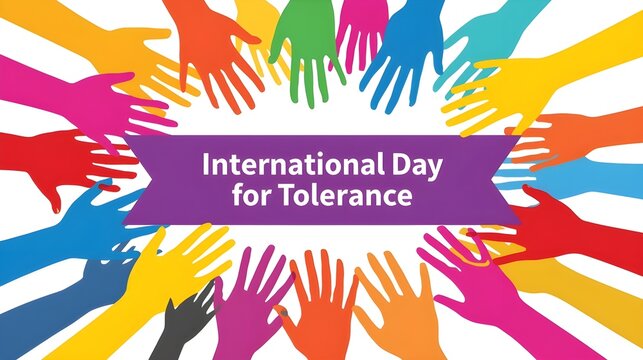 International Day of Tolerance. Rainbow hands up with a greeting ribbon . Commonwealth and unity. Childhood and joy. Vector square card for your creativity.