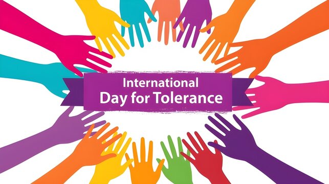 International Day of Tolerance. Rainbow hands up with a greeting ribbon . Commonwealth and unity. Childhood and joy. Vector square card for your creativity.