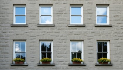 Fototapeta premium Eight White Framed Windows on a Textured Stone Wall