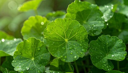 Close-up of vibrant green leaves covered in fresh water droplets, illuminated by soft natural light, showcasing natural beauty and growth.