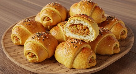 Freshly Baked Golden Pastry Rolls Filled with Savory Ingredients on a Wooden Platter