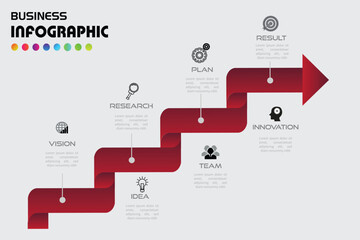 Business infographic with red arrow staircase showing steps from vision to result. Modern progress timeline template ideal for strategy, growth, and corporate presentations.
