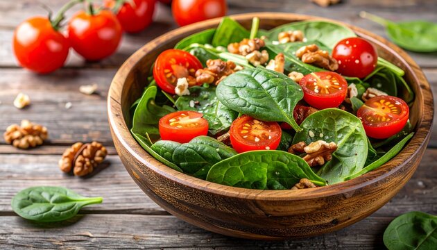 Vibrant spinach salad with halved cherry tomatoes and crunchy walnuts in a rustic wooden bowl on a distressed wooden table, emphasizing healthy eating.
