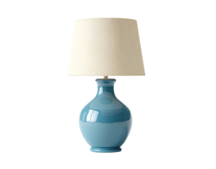 A light teal ceramic table lamp with a cream-colored shade