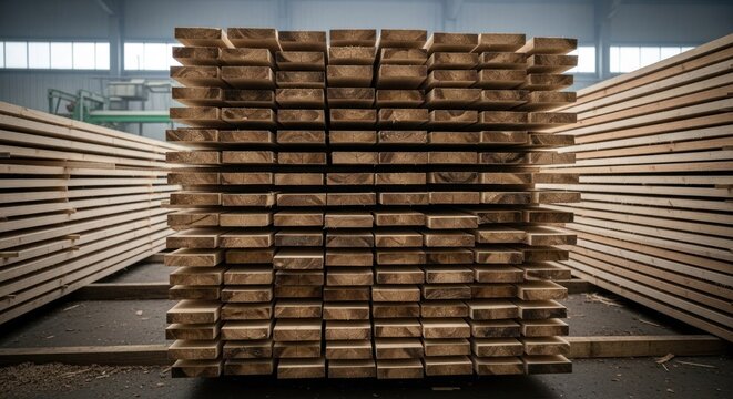 Stacked lumber at a wood factory. Light from high windows