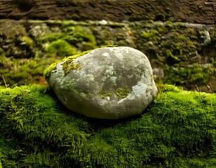 A large, round stone rests on a bed of vibrant moss