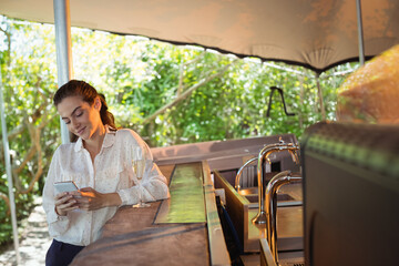 Sunlight is filtering through foliage onto bar counter under canopy, with champagne flute and taps