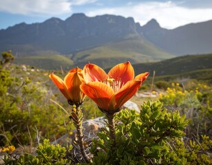 Vibrant orange flower in mountain meadow