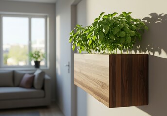 Fototapeta premium Modern Indoor Planter with Fresh Green Herbs in Stylish Living Room Setting