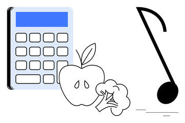 Calculator, apple, broccoli, and musical note symbolizing balance of work, health, and creativity. Ideal for nutrition, education, wellness work-life balance productivity art and health promotion