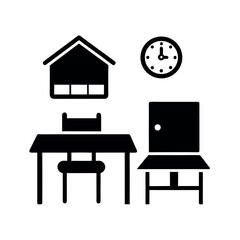 Cute classroom decorated with teacher desk and a smiling cartoon clock Vector illustration