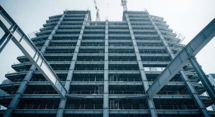 Naklejka premium Steel framework of a high-rise building under construction, seen from below