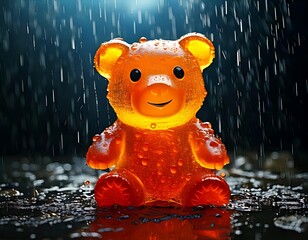 A glowing teddy bear in rain