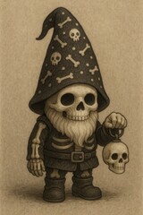 Skeleton gnome with skull lantern Halloween art
