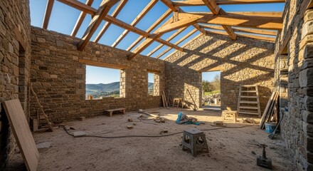 Stone house interior under construction, wooden roof beams, ladder visible