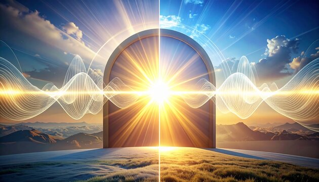 A grand archway opens to a vibrant sunrise, symbolizing a gateway to a new beginning or spiritual enlightenment.