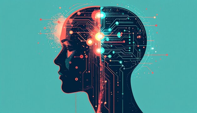 Conceptual illustration of a human mind transforming into a digital network of artificial intelligence.