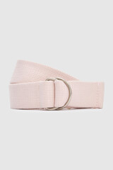 Light pink fabric belt with silver double d rings on white