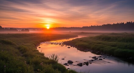 Serene river winding through misty meadow at sunrise, reflecting