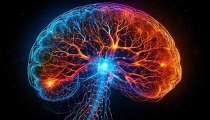 Vibrant neural network of the human brain and spinal cord glowing with blue and orange energy, representing complex thought and biological processes.